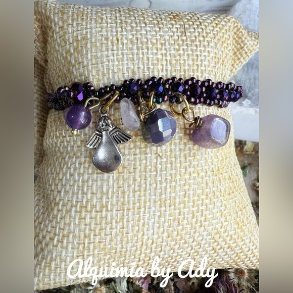 Amethyst gemstones in black adjustable cord/unisex amethyst charms bracelet - Picture 2 of 6